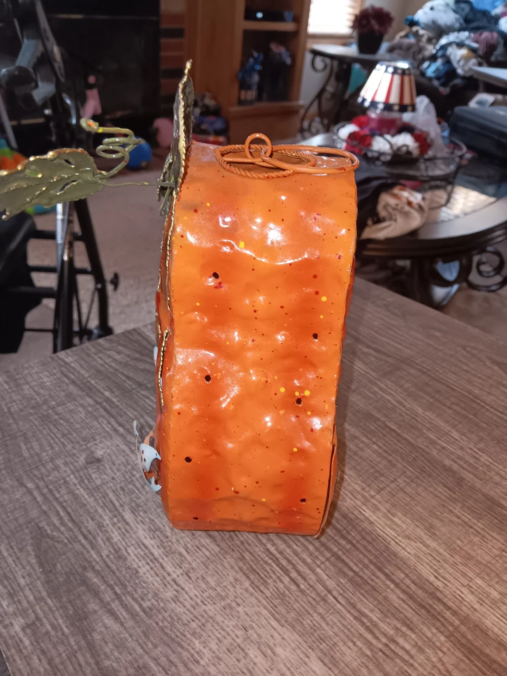 Orange Pumpkin Lantern with Green Leaves and Ghosts